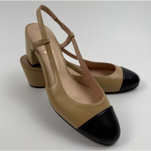 French Sole FS/NY Tuckernuck Slingback Baton Heels Camel Napa/Black Sz 7.5 NWT